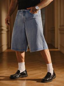SIGLOCORE Men's Fashion Streetwear Pocket Button Denim Shorts - Blue - View 1