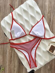 Bonvoyette Women's Beach Party Vacation Casual Sexy Tropical Red And White Stripe Cute Lace-Up Backless Front Starfish Swimwear Set Summer - Red - View 5