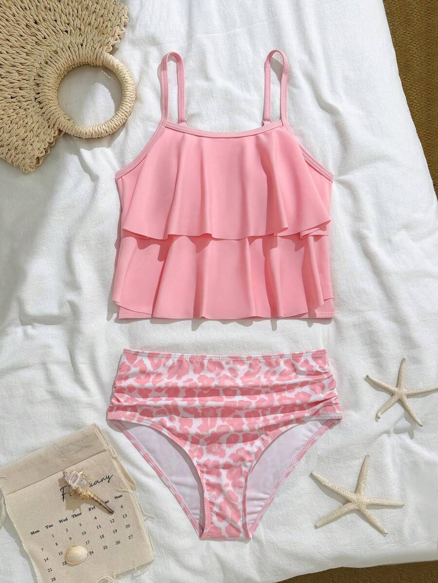 SHEIN 青少年女孩分體式比基尼上衣吊帶背心,度假風 - 淺粉色 - 查看 1