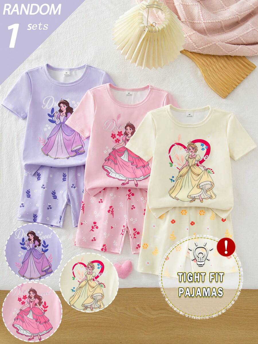 SHEIN [3套隨機發送1套]春季/夏季針織幼女幼童夏季彩色公主花卉數位印花圖案設計深受幼女喜愛浪漫城堡公主漂亮洋裝圖案面料緊身柔軟親膚套裝睡衣家居服 - 彩色 - 查看 1