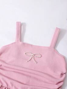 SHEIN Elladie kids 女童优雅纯色3D珍珠蝴蝶结吊带裙，腰部褶皱设计，新款春夏款，适合外出、聚会、旅行、度假 - 粉色 - 查看 4