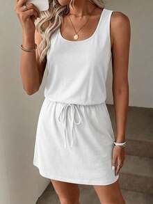 SHEIN LUNE 95 Cotton Casual Basic Minimalist Street Style Pure Cotton Plain White Short 2-In-1 Dress, Women's Summer Going Out Vacation - White - View 6