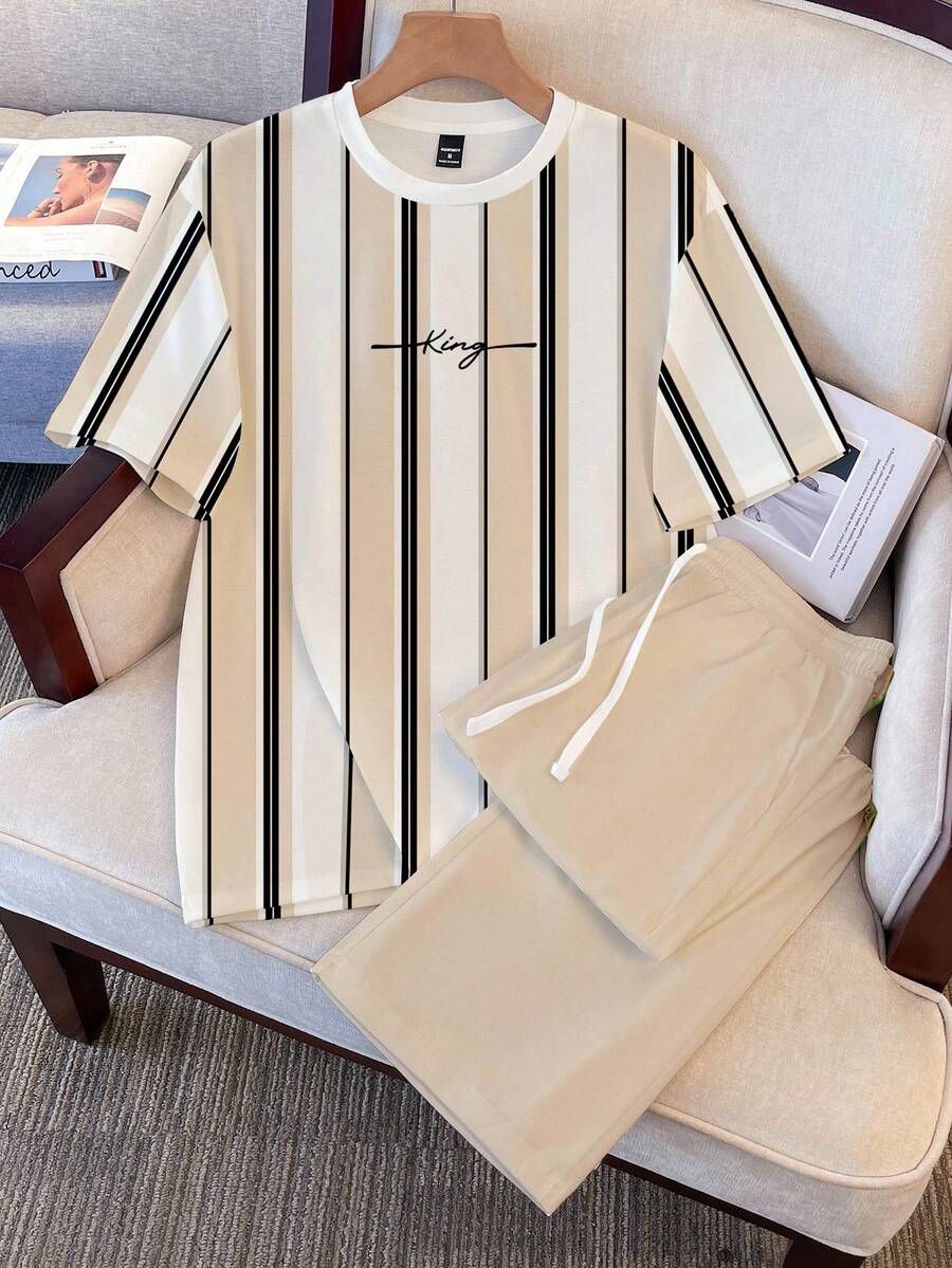 Manfinity Hypemode Men's Casual Striped Pajama Set, 2-Piece Set, Suitable For Home - Khaki - View 1