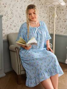 CottageSlumber Plus Size Women's Romantic Ditsy Floral Square Neck Short Sleeve Ruffle Patchwork Maxi Nightgown - Blue - View 5