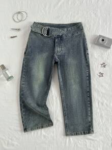 Elamini Fashionable Retro Washed Low-Waist Slim Fit Capri Denim Jeans - Dark Wash - View 4