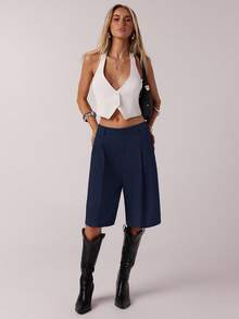 SHEIN Tall CURVE Pantalones cortos casuales de unicolor para tallas grandes en verano - Azul Marino - Ver 9