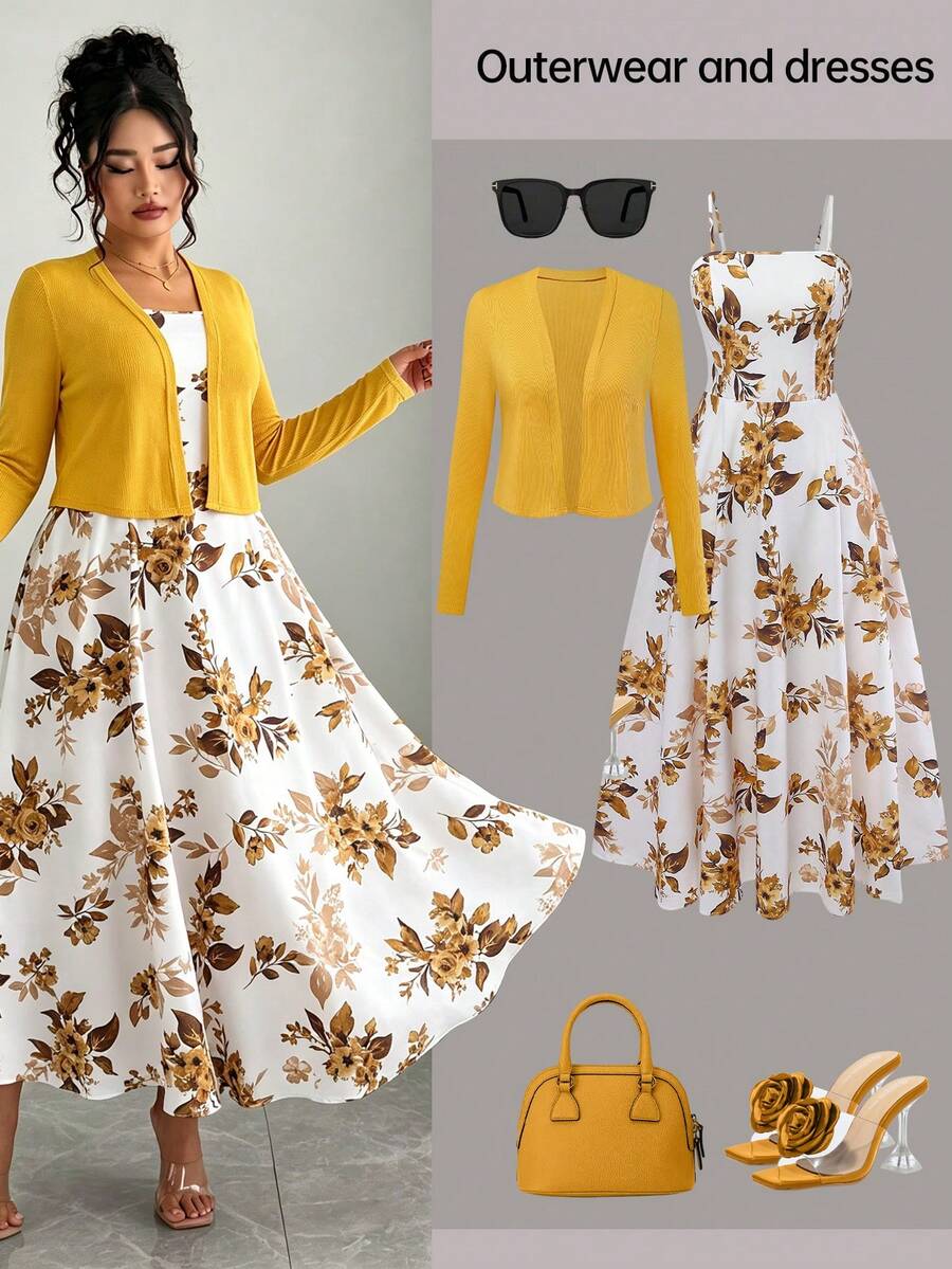 Franclia Plus Size Women's Floral Print Cami Top And Solid Color Open Front Cardigan Casual Everyday Set - Gold - View 1
