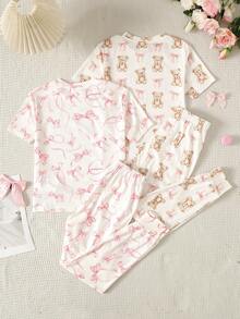 SHEIN Tween女孩休閒簡約修身舒適圓領短袖長褲居家服套裝，適合春夏，貼身剪裁，4件/套，甜美可愛愛心印花與花卉印花居家服套裝 - 淺粉色 - 查看 3