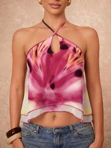 Lumalex Pink Abstract Floral Print Halter Crop Top Crisscross Neck Tie Back Layered Chiffon Overlay Asymmetric Hem And Lettuce Edge Trim Perfect Summer Top - Multicolor - View 13