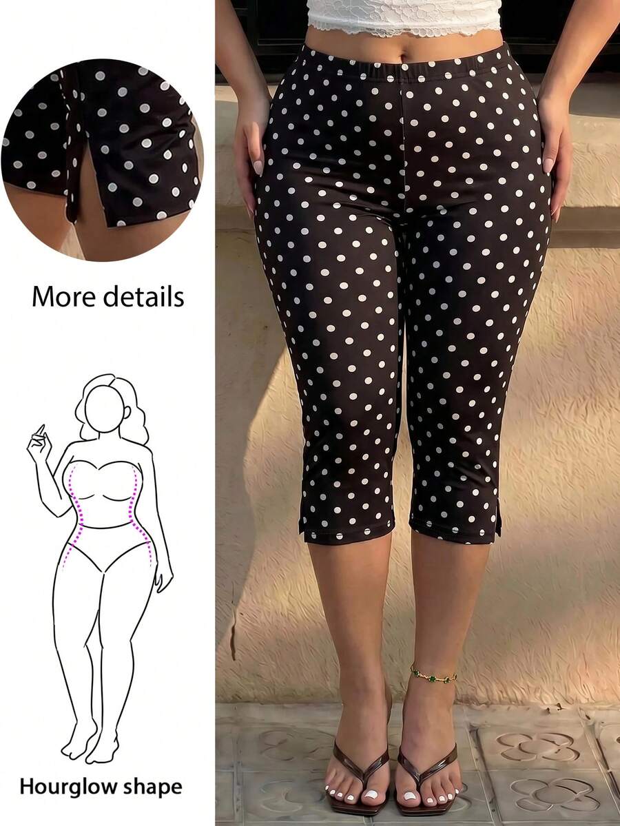 Hourglow Quần legging capri chấm bi xẻ gấu mới, cạp chun co giãn mặc thường ngày, quần áo nữ size lớn - màu nâu - Xem 1