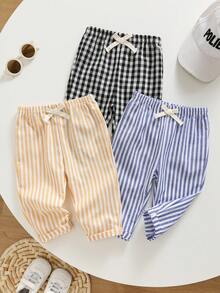 Bộ 3 quần dài unisex cho bé trai và bé gái, quần dài mùa hè và mùa thu, cạp chun co giãn, họa tiết kẻ sọc, nhiều màu, phong cách dễ thương, đa năng cho kỳ nghỉ hè, gói nhiều chiếc - Nhiều màu - Xem 7