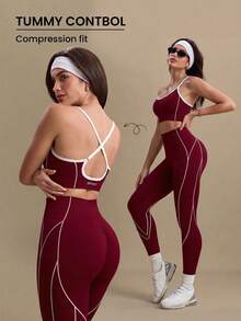 Solea Cove Solea Cove Conjunto deportivo de top halter sin espalda y leggings para mujer - Burdeos - Ver 1