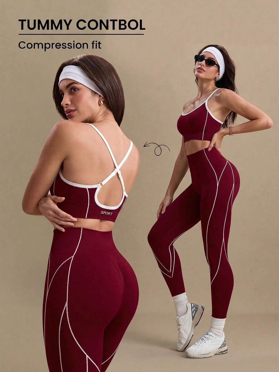 Solea Cove Solea Cove Conjunto deportivo de top halter sin espalda y leggings para mujer - Burdeos - Ver 1