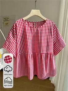 Comfortcana Plus Size Women's Summer Casual Vacation Style Print Babydoll Top - Red - View 1