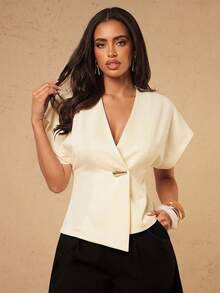 Silquee Elegant Cream White V-Neck Batwing Sleeve Fitted Top,Semi Formal Summer Blouse For Women,Perfect For Work,Office,Vacations And Social Occasions - Apricot - View 3