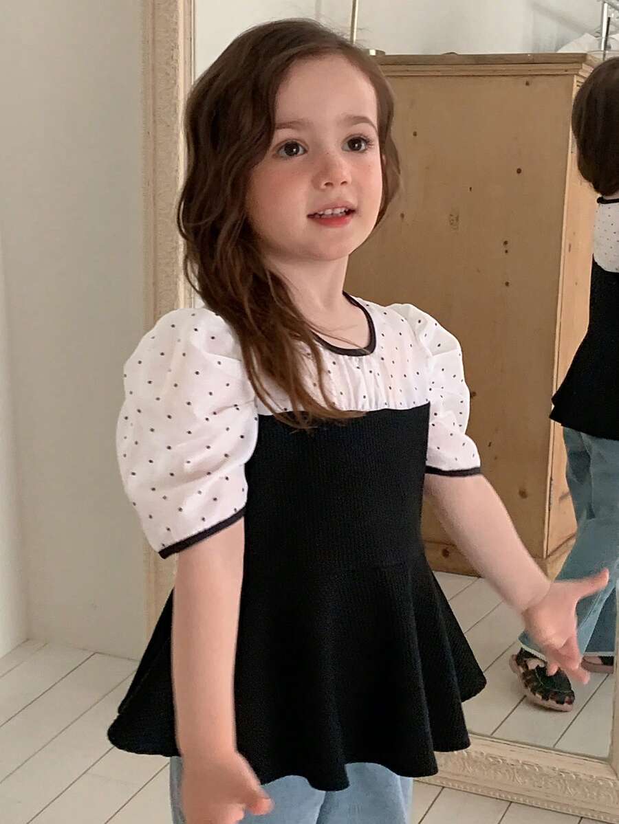 Dazy Kids Contrast Color Patchwork Puff Sleeve Cute Waist-Cinching Young Girls Blouse Summer - Black and White - View 1