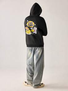 Strevion TOM & JERRY 男士休闲百搭简约汤姆和杰瑞元素印花连帽卫衣，秋冬款 - 黑色 - 查看 8