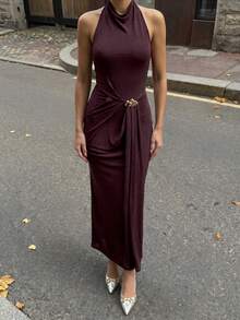 Lumalex Women's Dark Brown Autumn Elegant Wedding Guest Long Dress,Metal Decor Pleated Backless Halter Neck Glitter-Accented Luxury Prom Party Banquet Gown - Dark Brown - View 9