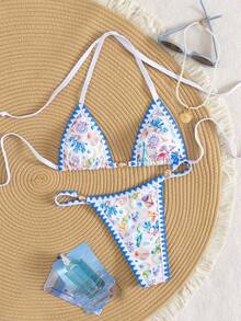 Swim Mod Bộ 2 chiếc/bộ đồ bơi bikini móc hoa vỏ sò sâu chữ V dễ thương bằng vải micropattern Marine không dây buộc dây, kỳ nghỉ bãi biển cho mùa xuân và mùa hè - Xanh và trắng - Xem 2