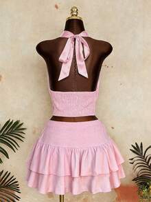 Sunspun Cerise Pink Summer Elwgant Vacation Holiday Satin Metal Buckle Draped Neck Tie Camisole Top&Printed Pleated Double Layer Hem Mini Skirt 2pcs Outfit - Pink - View 2