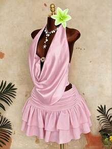 Sunspun Cerise Pink Summer Elwgant Vacation Holiday Satin Metal Buckle Draped Neck Tie Camisole Top&Printed Pleated Double Layer Hem Mini Skirt 2pcs Outfit - Pink - View 6