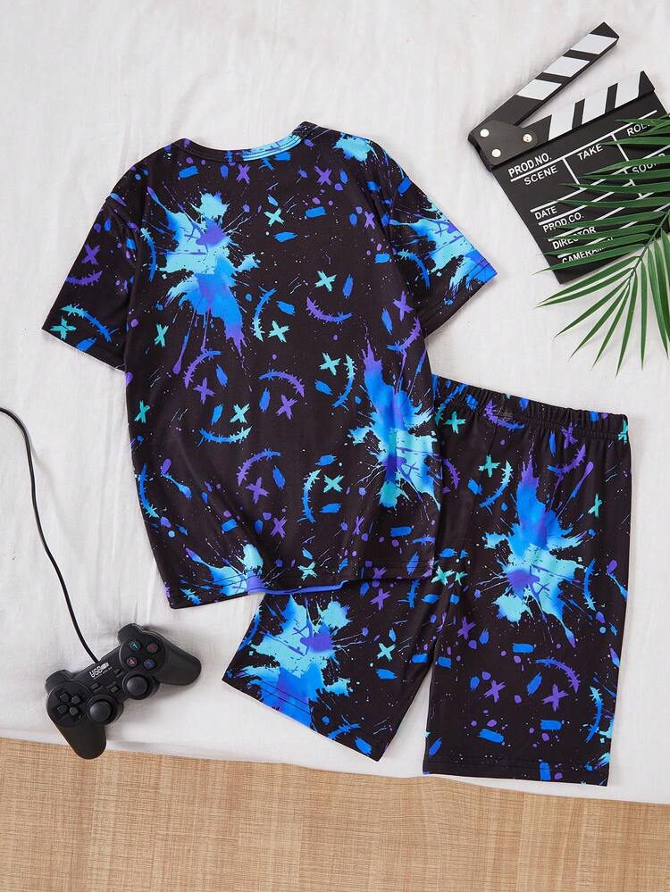 Tween Boys' Tight Fit Crew Neck Short Sleeve T-Shirt And Shorts Set, Glow-In-The-Dark Anime Cartoon Character Classic Action Pixel Print, High Elasticity Comfortable Fabric, Casual Home Wear For Spring And Summer - Multicolor - View 2