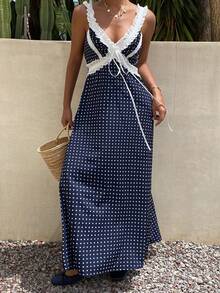 DAZY Polka Dot Contrast Lace Trim Spaghetti Strap Dress Elegant Romantic Sexy Vacation Summer Women's Long Dress Sundress Navy Blue Polka Dot - Blue - View 4