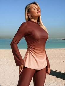 Swim Shayni 26SS夏季度假海灘女款保守粉紫色漸層長袖喇叭褲布基尼套裝 - 彩色 - 查看 5