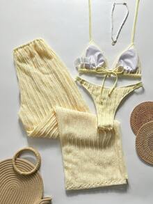 SHEIN Swim Chicsea 26SS 春夏度假海灘波希米亞風編織棕紅色比基尼泳衣附長褲 3 件組 - 黃色 - 查看 2