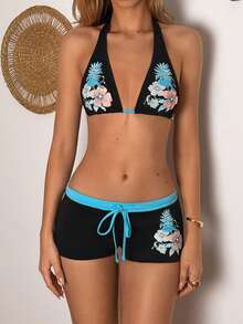 EgrlEra Ensemble décontracté de vacances pour femmes avec top à imprimé floral et lien autour du cou, et short à taille coulissante, maillot de bain 2 pièces, tenues d'été pour femmes 2 pièces - Multicolore - Voir 6