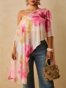 Travachic Plus Size Asymmetrical Collar Batwing Sleeve Tie-Dye Botanical Print Shirt - Multicolor - View 6