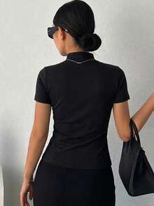 DAZY Kaos Dalam Wanita Lengan Pendek Slim Fit Leher Tinggi - Hitam - View 3