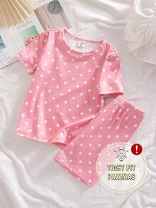 Summer Young Girl Spring/Summer Knit Round Neck Short Sleeve Shorts Small Polka Dot Retro All-Over Digital Print Versatile Bestselling Pattern Top And Bottom 2-Piece Set Comfortable Soft Tight Pajamas Homewear - Pink - View 2