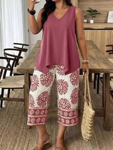 Weeklong Bộ đồ nữ size lớn phối màu khối, in hoa lớn định vị, phong cách thường ngày đi du lịch mùa xuân/hè - Nhiều màu - Xem 1