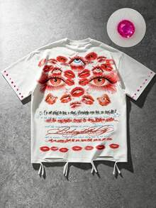 ROMWE MEN 2026 Summer New Casual Distressed Rhinestone Heavy Work T-Shirt Graphic Short Sleeve Couple Style Men Women Crew Neck Top - White - View 6