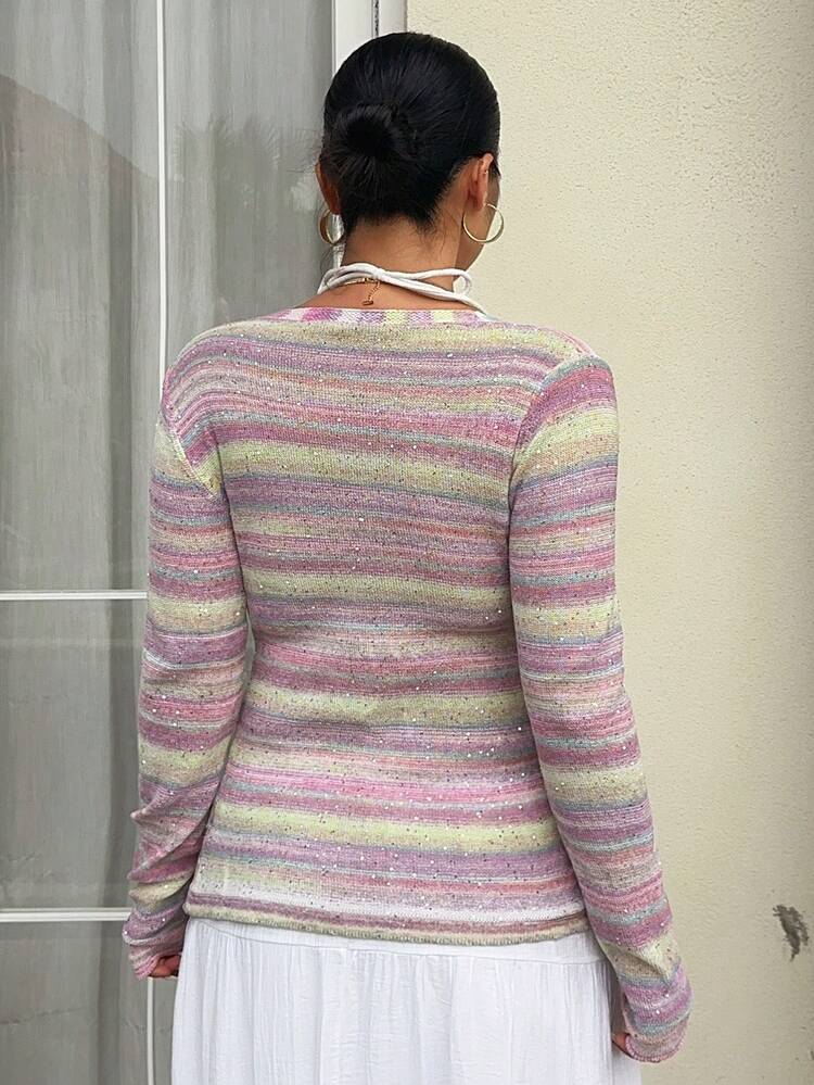 Dazy Plus Rainbow Striped Fitted Waist Long Sleeve V-Neck Casual Vacation Summer Thin Knit Cardigan Plus Size Women Spring Summer Autumn