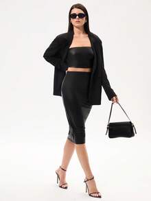 SHEIN SXY Pu皮革背心上衣&鉛筆裙黑色兩件套裝 - 黑色 - 查看 4