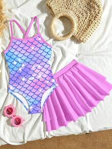 SHEIN 少女魚鱗印花細肩帶連身泳衣附裙，適合海邊度假、泳池派對、海灘派對 - 彩色 - 查看 2