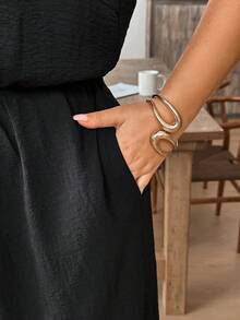 SHEIN CURVE+ 大码女式纯色露背系带宽松阔腿无袖连体裤 黑色夏季休闲黑色凉爽面料连体裤 - 黑色 - 查看 9