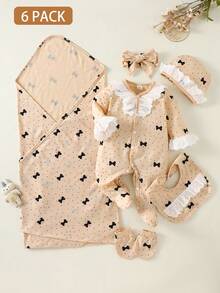 SHEIN Juego de regalo de 6 piezas para bebé recién nacida, estilo dulce y lindo con estampado de lazo, encaje & lunares, mameluco de cuello redondo de manga larga + gorro + babero + diadema con lazo + manoplas + manta, tela de punto transpirable, conjunto de ropa de primavera/otoño - Albaricoque - Ver 1