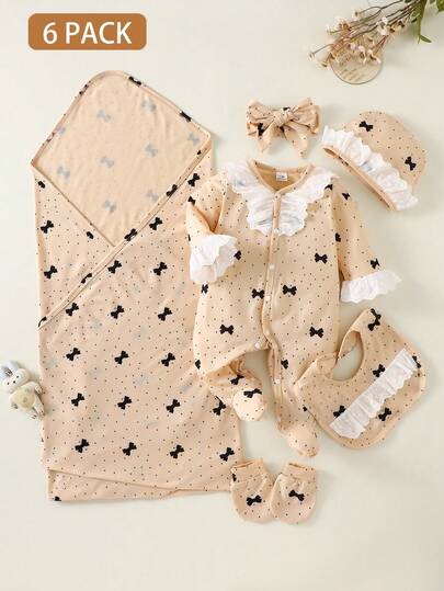 SHEIN 6-Piece Newborn Baby Girl Gift Set, Sweet Cute Style With Bow Print, Lace & Polka Dots, Long-Sleeve Crewneck Romper + Hat + Bib + Bow Headband + Mittens + Blanket, Breathable Knit Fabric, Spring/Fall Outfit Set
