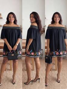 Enliva Váy trễ vai in họa tiết cho nữ size lớn, trang phục thường ngày đi nghỉ mát, phù hợp cho kỳ nghỉ bãi biển, cho dáng người quả táo và tròn trịa - Nhiều màu - Xem 3