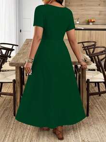 Breezaya Plus Size Women's Wavy Collar Fashion Commuter Long Dress - Dark Green - View 2