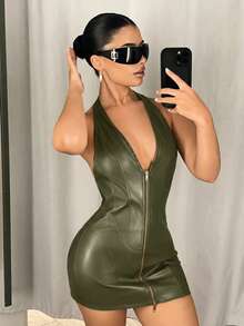SHEIN ICON 深V掛脖雙拉鍊貼身緊身PU迷你洋裝 - 軍綠色 - 查看 4