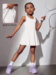 SHEIN Young Girl Knit Solid Color Round Neck Fitted Casual Sleeveless Dress Sportswear - White - View 2