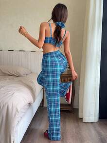 Napfluff Wine Red Plaid Slim Fit Spaghetti Strap Camisole & Long Pants With Hair Scrunchie 3pcs Women's Pajama Set - Blue - View 2