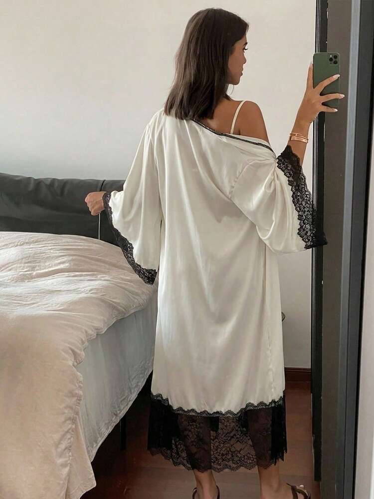 3pcs/Set Women's Lace Patchwork Long Robe, Camisole & Shorts Summer Pajama Set