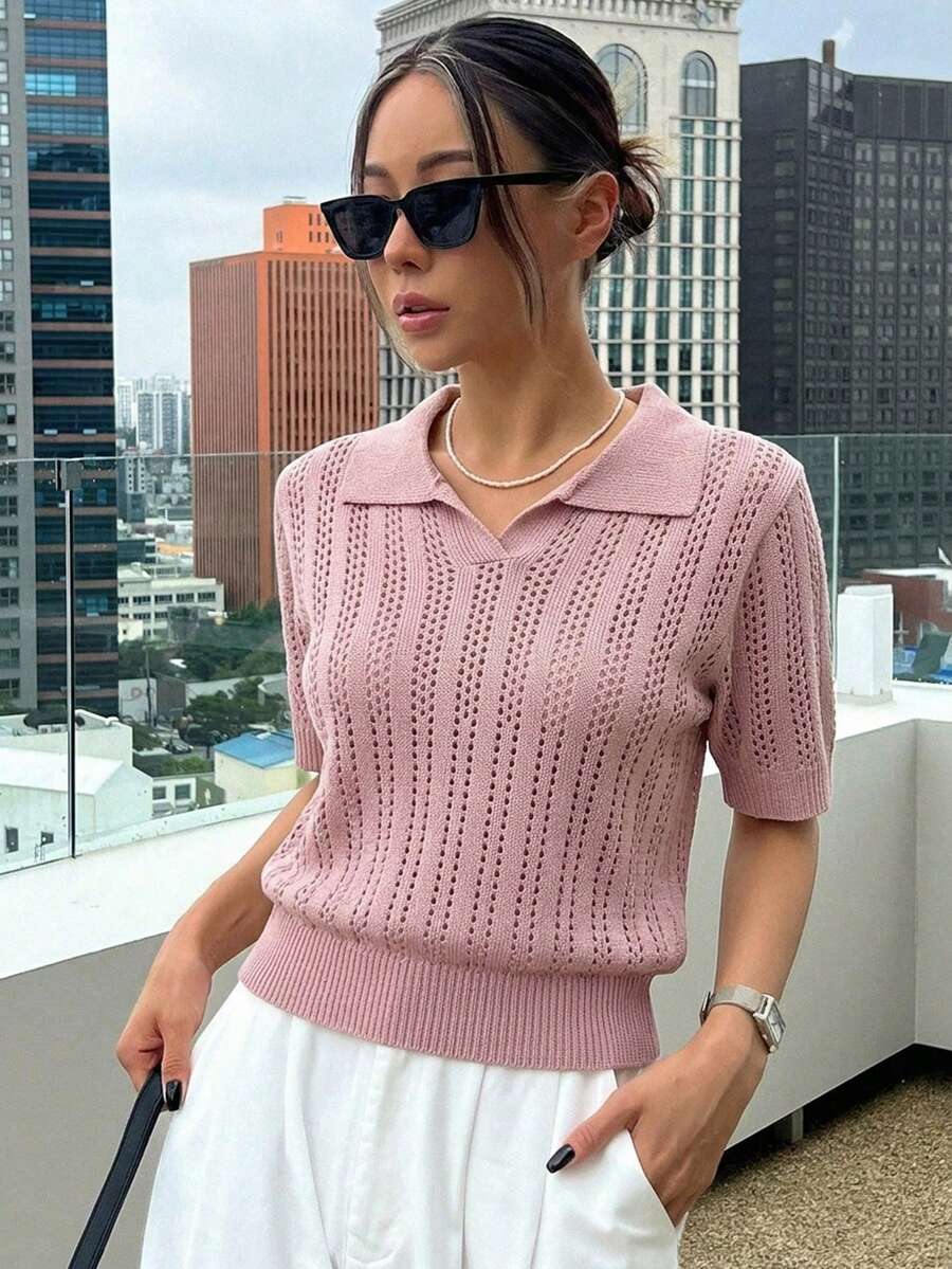 DAZY 條紋 Polo 領短袖休閒春夏季女款針織上衣 - 粉色 - 查看 1