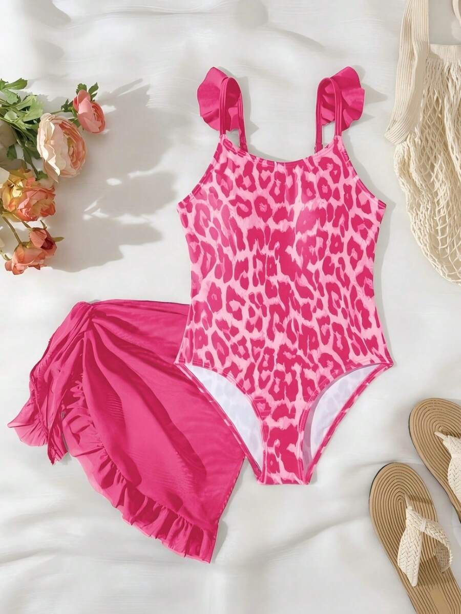 SHEIN Baju Renang Terusan Anak Perempuan Remaja Motif Pita Lucu dengan Tali Bahu dan Rumbai-rumbai - Berwarna merah muda - View 1