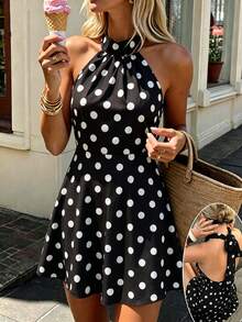 Cévolie Polka Dot Print Halter Tie Back Ruched A-Line Mini Dress, Retro French Chic Style - Black - View 1